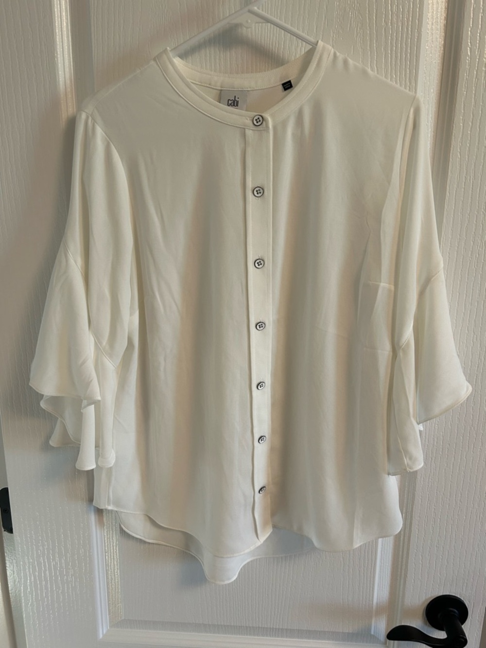 CAbi White Button-Front Ruffle Sleeve Blouse
